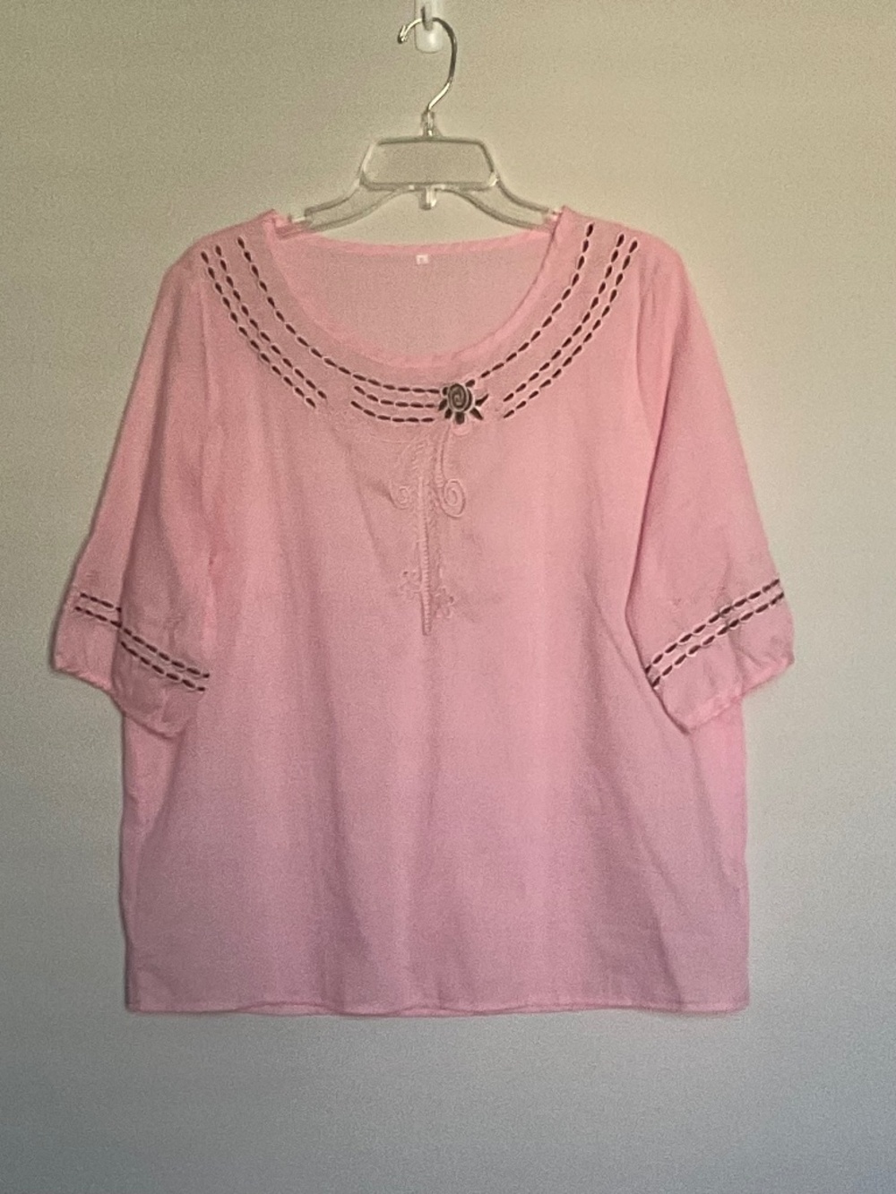 PINK COTTON SHORT SLEEVE BLOUSE WITH BROWN EMBROIDERY SIZE LARGE